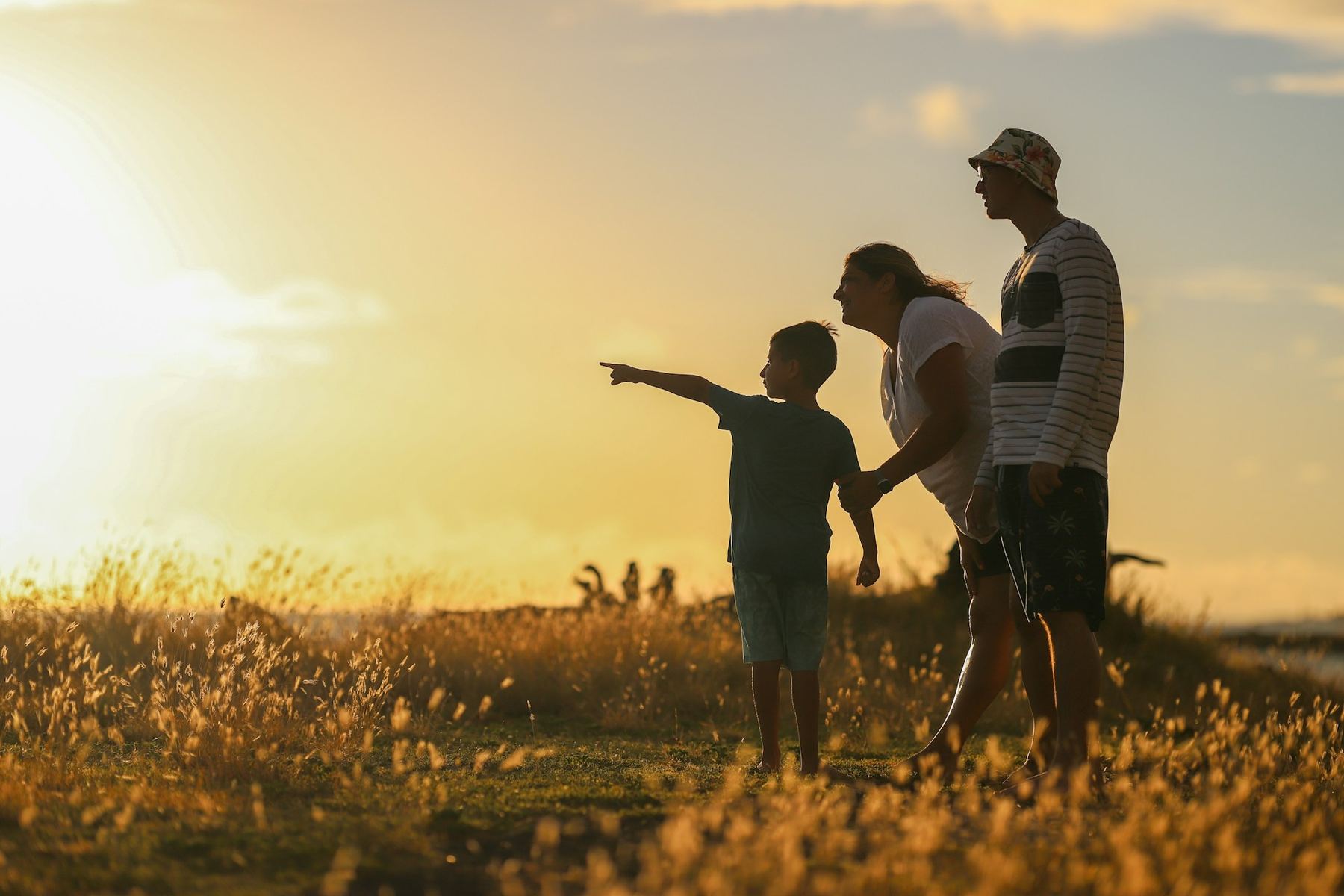 Young family walking together through a field at sunset, the child pointing toward the horizon